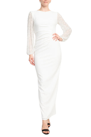 Marina Boat Neck Embellished Chiffon Sleeve Pleated Side Zipper Back Slit Back Solid Crepe Dress - By Baano