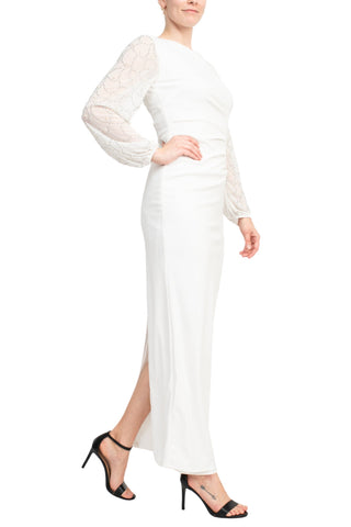 Marina Boat Neck Embellished Chiffon Sleeve Pleated Side Zipper Back Slit Back Solid Crepe Dress - By Baano