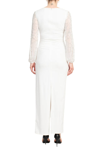 Marina Boat Neck Embellished Chiffon Sleeve Pleated Side Zipper Back Slit Back Solid Crepe Dress - By Baano