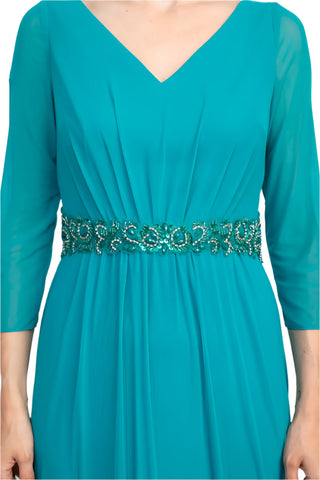 Marina V-Neck 3/4 Sleeve Embellished Waist Front Zipper Back Solid Mesh Dress - By Baano