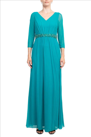 Marina V-Neck 3/4 Sleeve Embellished Waist Front Zipper Back Solid Mesh Dress - By Baano