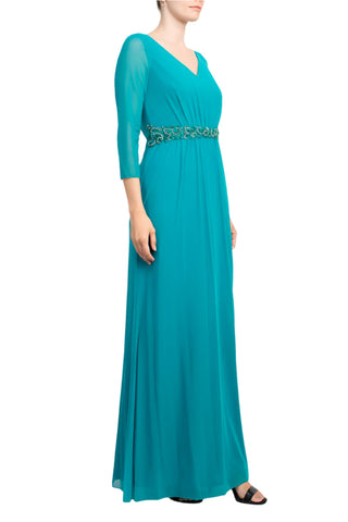 Marina V-Neck 3/4 Sleeve Embellished Waist Front Zipper Back Solid Mesh Dress - By Baano