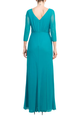 Marina V-Neck 3/4 Sleeve Embellished Waist Front Zipper Back Solid Mesh Dress - By Baano