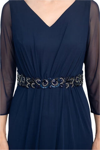 Marina V-Neck 3/4 Sleeve Embellished Waist Front Zipper Back Solid Mesh Dress - By Baano