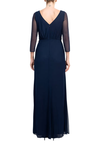Marina V-Neck 3/4 Sleeve Embellished Waist Front Zipper Back Solid Mesh Dress - By Baano
