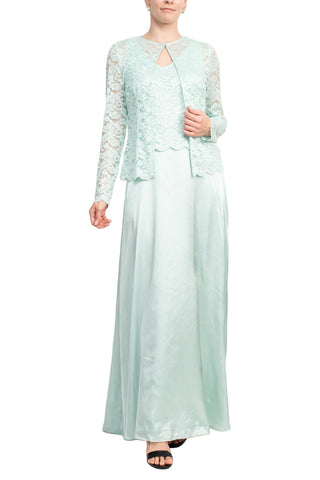 Marina Crew Neck Sleeveless Embroidered Top Zipper Back Solid Satin Dress with Jacket 2 Piece Set - By Baano
