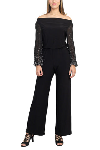 Marina Off Shoulder Embellished Chiffon Long Sleeve Blouson Solid Jersey Jumpsuit - By Baano