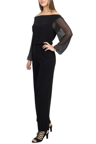 Marina Off Shoulder Embellished Chiffon Long Sleeve Blouson Solid Jersey Jumpsuit - By Baano