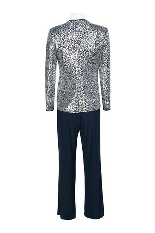 Marina Spaghetti Strap Metallic Knit Top Elastic Mid Waist Straight Leg Pant Set with Long Sleeve Surplice V-Neck Metallic Knit Jacket Three Piece Set - By Baano