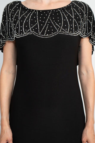 Marina Boat Neck V-Back Beaded Capelet Shirt Sleeve Solid Jersey Long Dress - By Baano