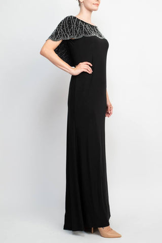 Marina Boat Neck V-Back Beaded Capelet Shirt Sleeve Solid Jersey Long Dress - By Baano