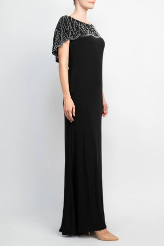 Marina Boat Neck V-Back Beaded Capelet Shirt Sleeve Solid Jersey Long Dress - By Baano