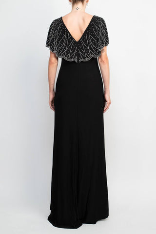 Marina Boat Neck V-Back Beaded Capelet Shirt Sleeve Solid Jersey Long Dress - By Baano