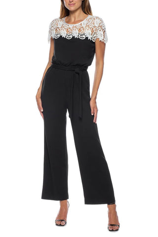 Marina Illusion Crew Lace Neck Elastic Tie Waist Keyhole Zipper Back Stretch Crepe Jumpsuit - By Baano