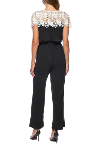 Marina Illusion Crew Lace Neck Elastic Tie Waist Keyhole Zipper Back Stretch Crepe Jumpsuit - By Baano