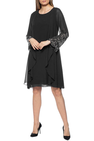 Marina Scoop Neck Embellished Sleeve Keyhole Back Solid Chiffon Dress - Glamourous Grace