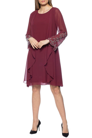 Marina Scoop Neck Embellished Sleeve Keyhole Back Solid Chiffon Dress - Glamourous Grace
