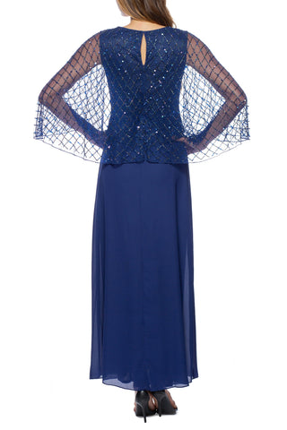 Marina V-Neck ¾ Sleeves Beaded Capelet Solid Chiffon Gown - By Baano