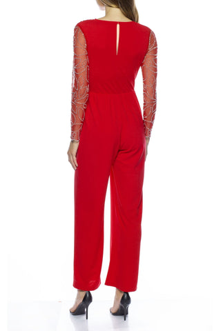 Marina V - Neck Embellished Long Sleeve Elastic Tie Waist Keyhole Back Solid Stretch Crepe Jumpsuit - Glamourous Grace