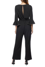 Marina Embellished Crew Neck Circular Sleeve Tie Waist Zipper Back Stretch Crepe Jumpsuit