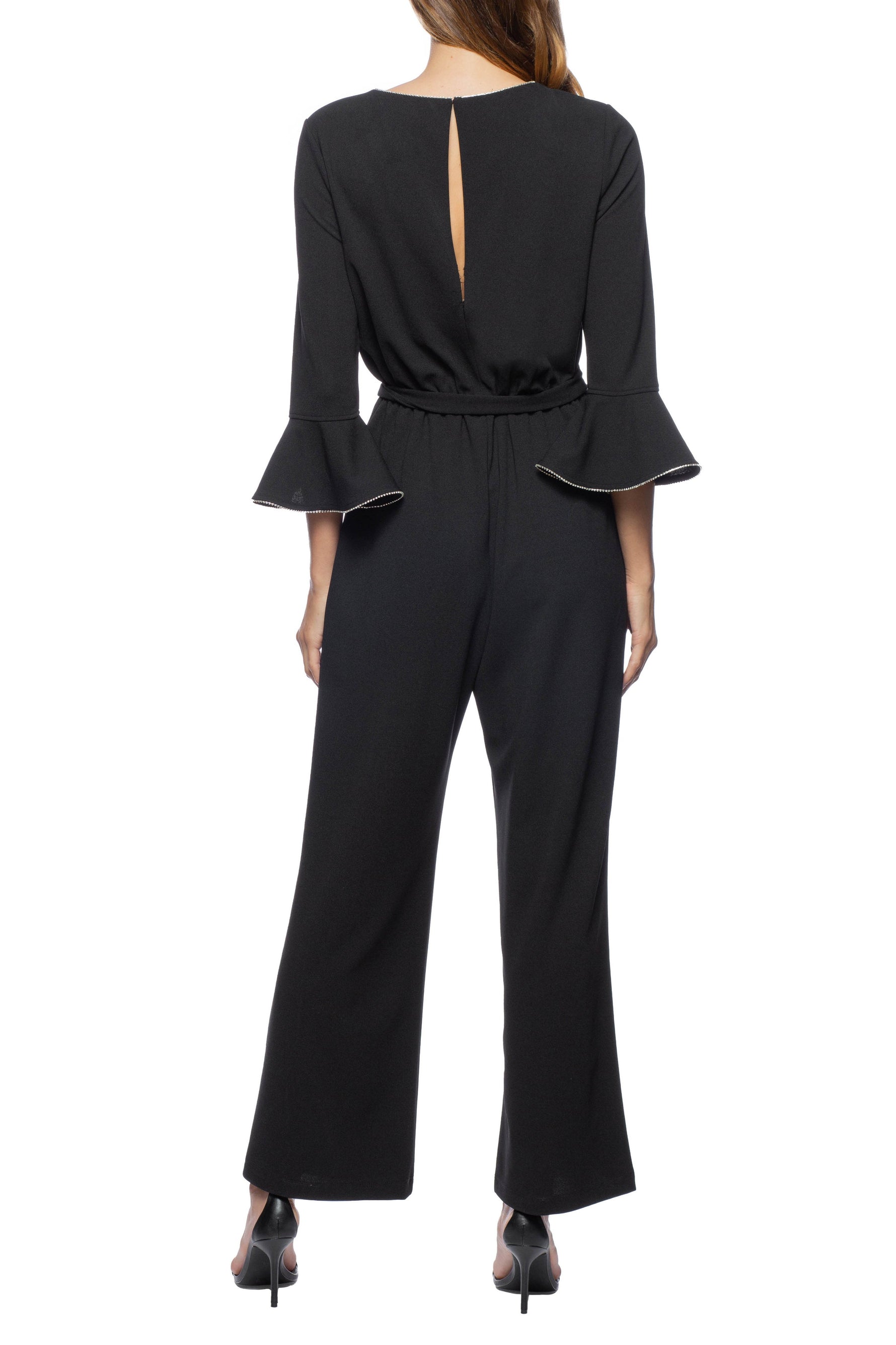 Marina Embellished Crew Neck Circular Sleeve Tie Waist Zipper Back Stretch Crepe Jumpsuit