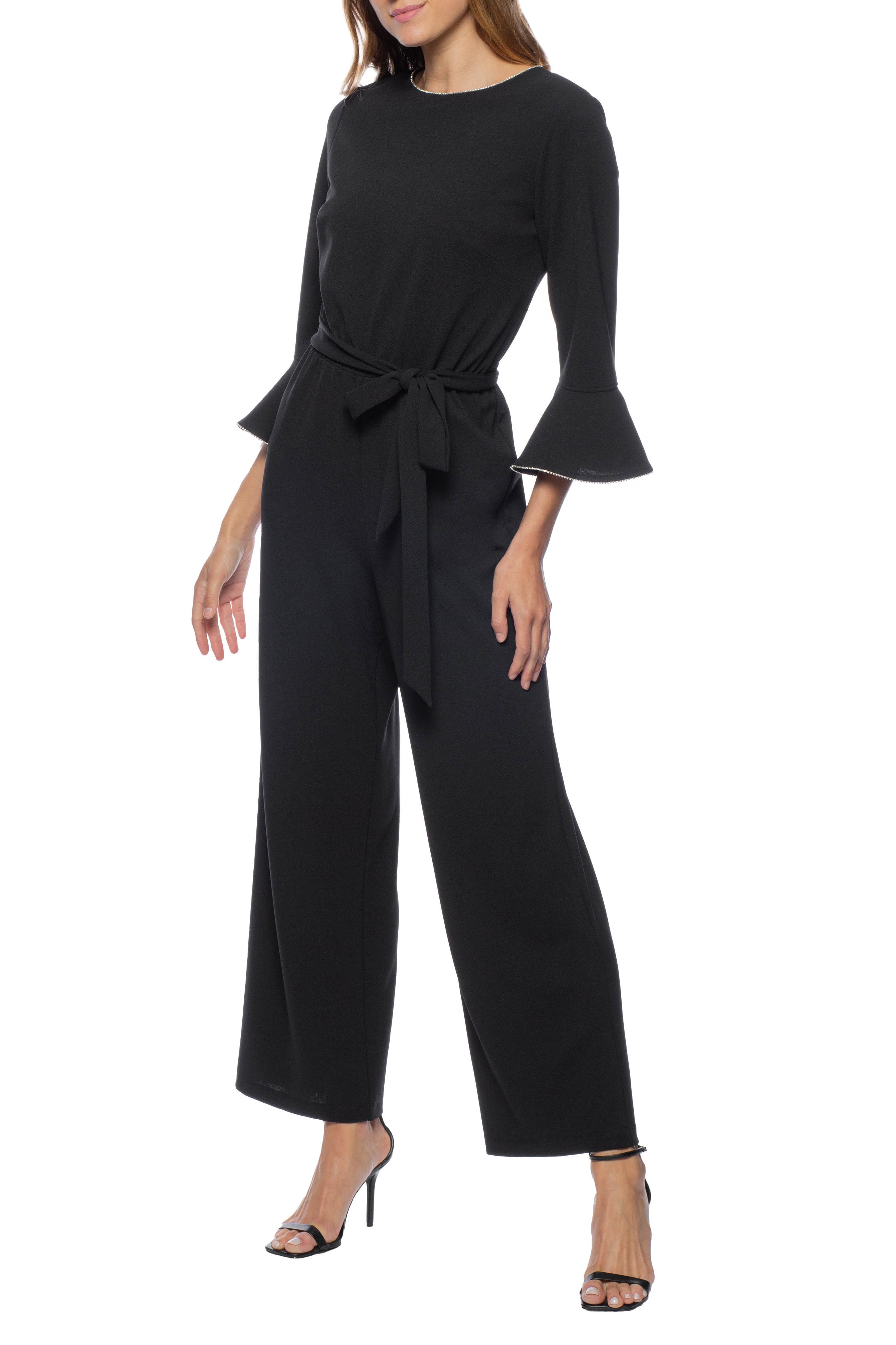 Marina Embellished Crew Neck Circular Sleeve Tie Waist Zipper Back Stretch Crepe Jumpsuit