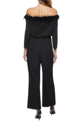 Marina Feather Detail Off Shoulder Long Sleeve Zipper Back Blouson Stretch Crepe Jumpsuit - Glamourous Grace