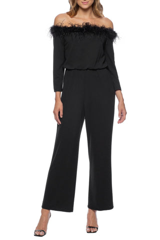 Marina Feather Detail Off Shoulder Long Sleeve Zipper Back Blouson Stretch Crepe Jumpsuit - Glamourous Grace