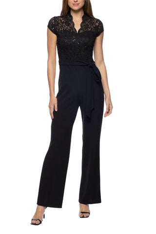 Marina Cap Sleeve V - Neck Tie Waist Lace Bodice Jumpsuit - Elegant Women's Fashion - Glamourous Grace