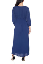 Marina V-Neckline Quarter Sleeves Smocked Waist Pullover Pleated A-Line Sheath Midi Dress