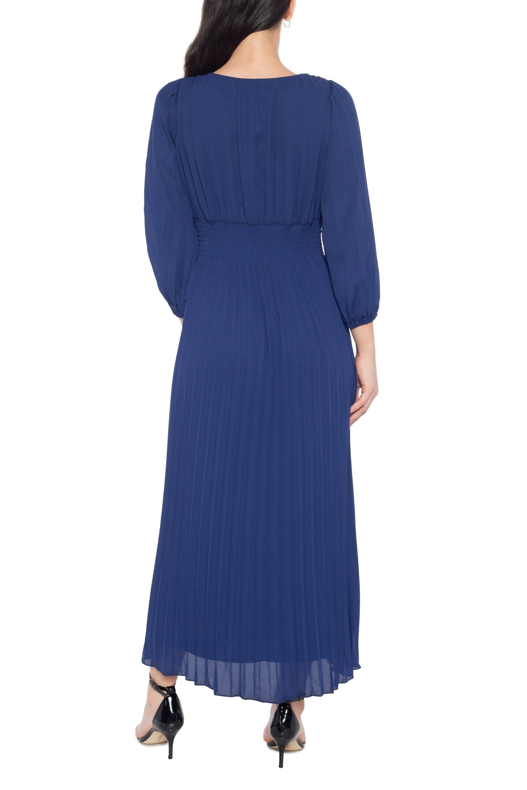 Marina V-Neckline Quarter Sleeves Smocked Waist Pullover Pleated A-Line Sheath Midi Dress