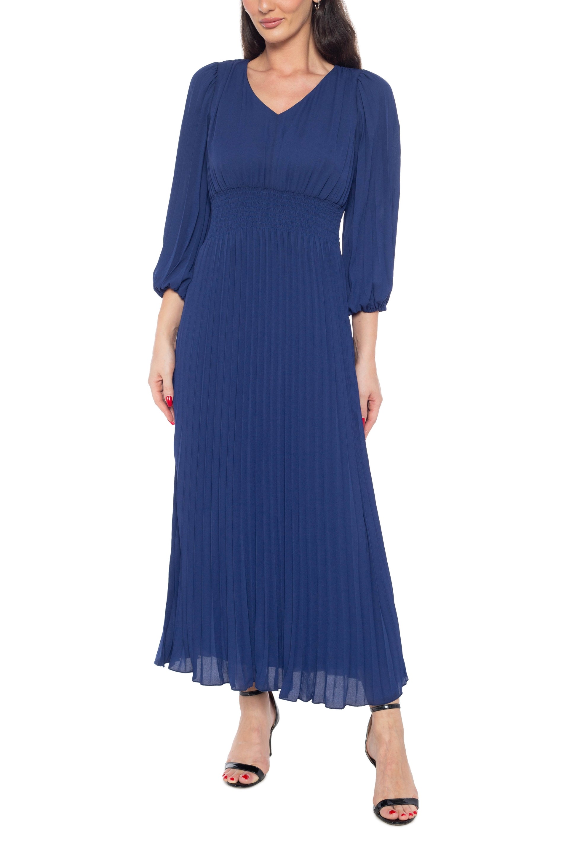 Marina V-Neckline Quarter Sleeves Smocked Waist Pullover Pleated A-Line Sheath Midi Dress