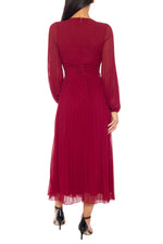 Marina V-Neckline Long Sheer Sleeves Elastic Cuffs Bodice Ruched Details Pleated A-Line Midi Dress