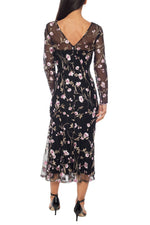 Marina Floral Embroidered Sheer Mesh Round Illusion Neckline Long Sleeves Bodice Flared Hem Midi Dress