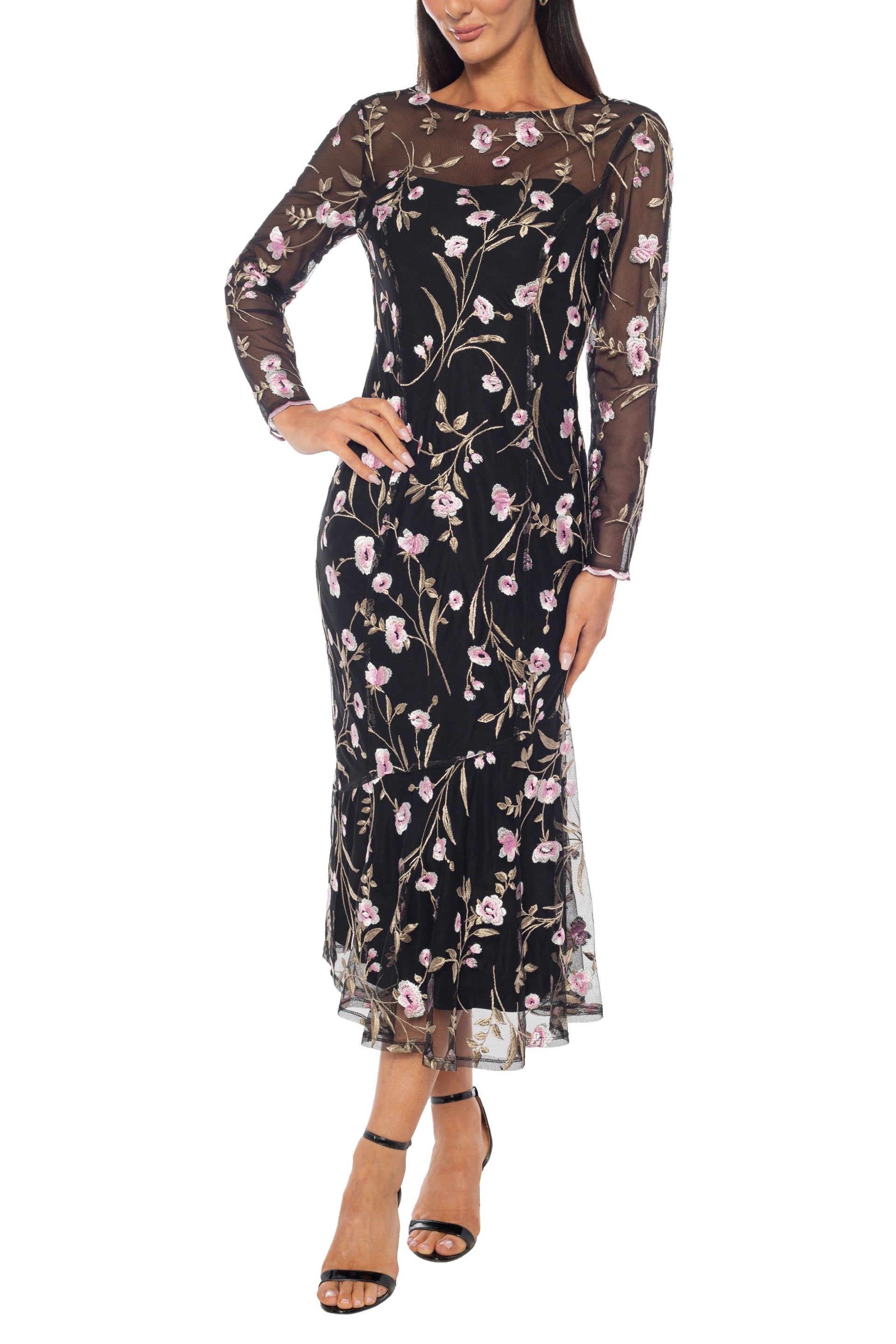 Marina Floral Embroidered Sheer Mesh Round Illusion Neckline Long Sleeves Bodice Flared Hem Midi Dress