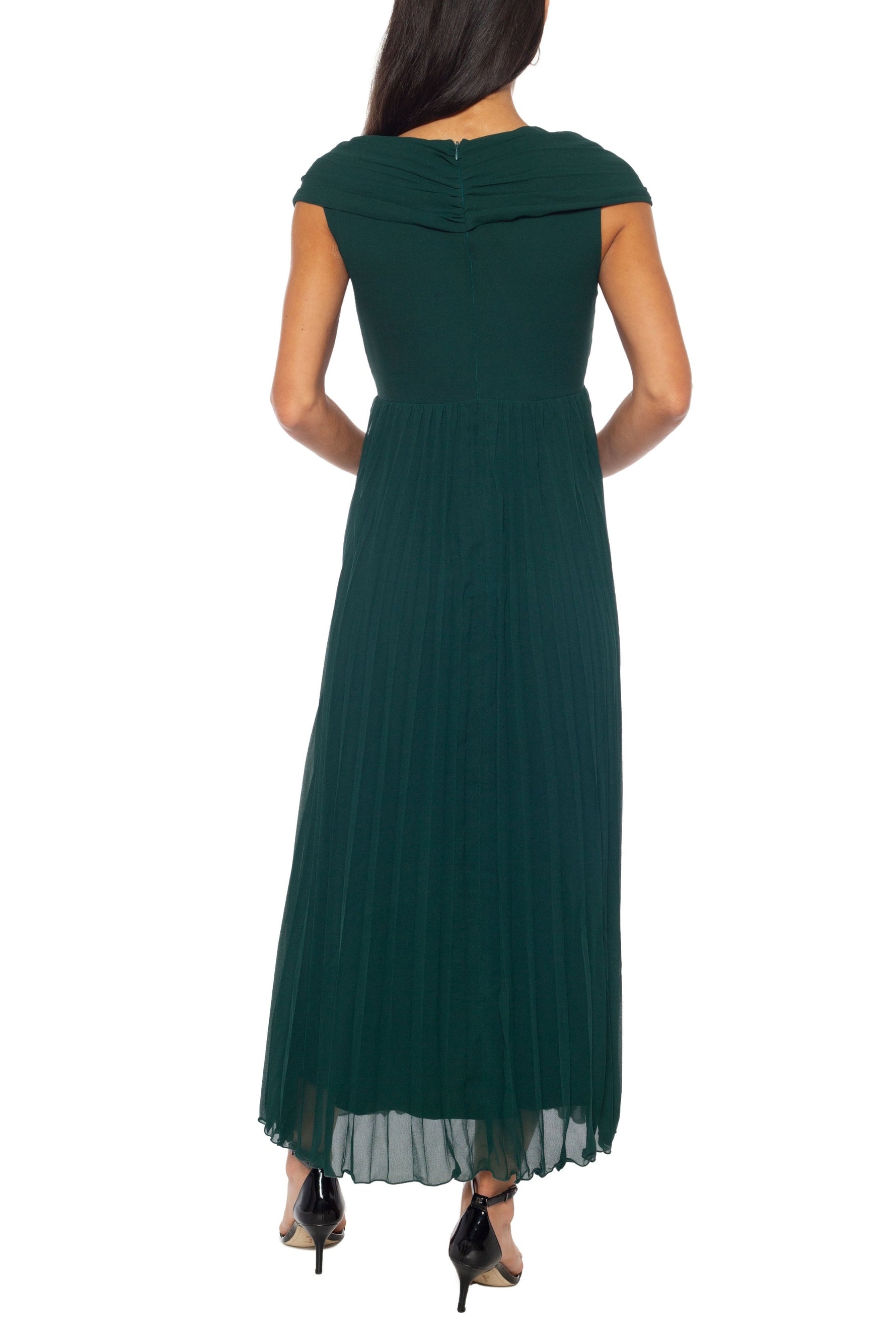 Marina V-Neckline Wrap Cape Cap Sleeves Bodice Ruched Details Pleated A-Line Midi Dress