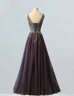 Gray v neck straps beaded prom dress crystal rhinestone long tulle ball gowns evening formal dress