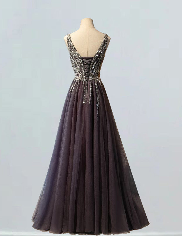 Gray v neck straps beaded prom dress crystal rhinestone long tulle ball gowns evening formal dress
