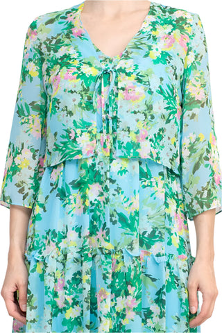Maison Tara V Neck Back Zipper Sleeveless Floral Midi Dress with Matching Chiffon Jacket - By Baano