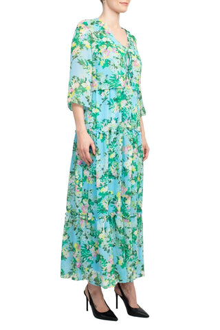 Maison Tara V Neck Back Zipper Sleeveless Floral Midi Dress with Matching Chiffon Jacket - By Baano