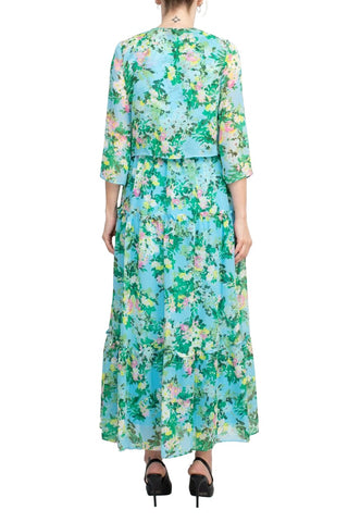 Maison Tara V Neck Back Zipper Sleeveless Floral Midi Dress with Matching Chiffon Jacket - By Baano