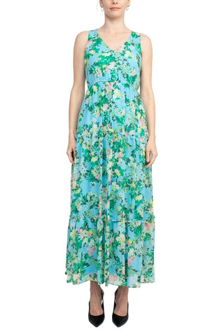 Maison Tara V Neck Back Zipper Sleeveless Floral Midi Dress with Matching Chiffon Jacket - By Baano