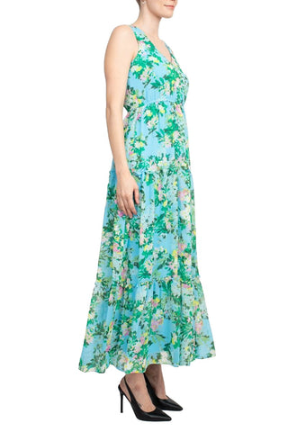 Maison Tara V Neck Back Zipper Sleeveless Floral Midi Dress with Matching Chiffon Jacket - By Baano