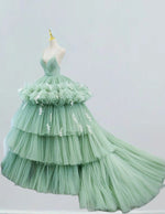 Light green spaghetti strap pleated long train ball gown