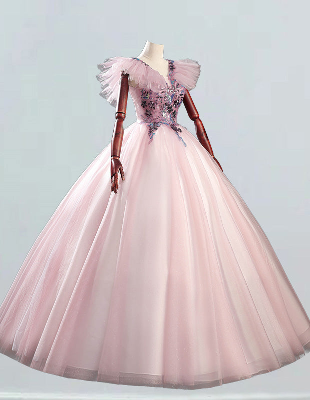 Pink v neck prom dress ball gown,sleeve long graduate party dress,Colorful lace applique tulle pageant dress