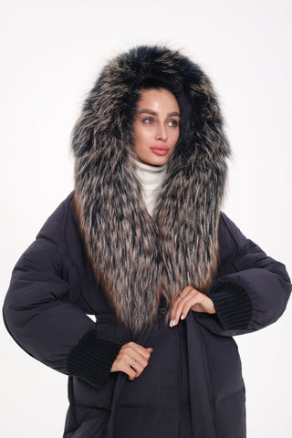Rei Genuine Fur Trim Hooded Down Coat in Navy - By Baano