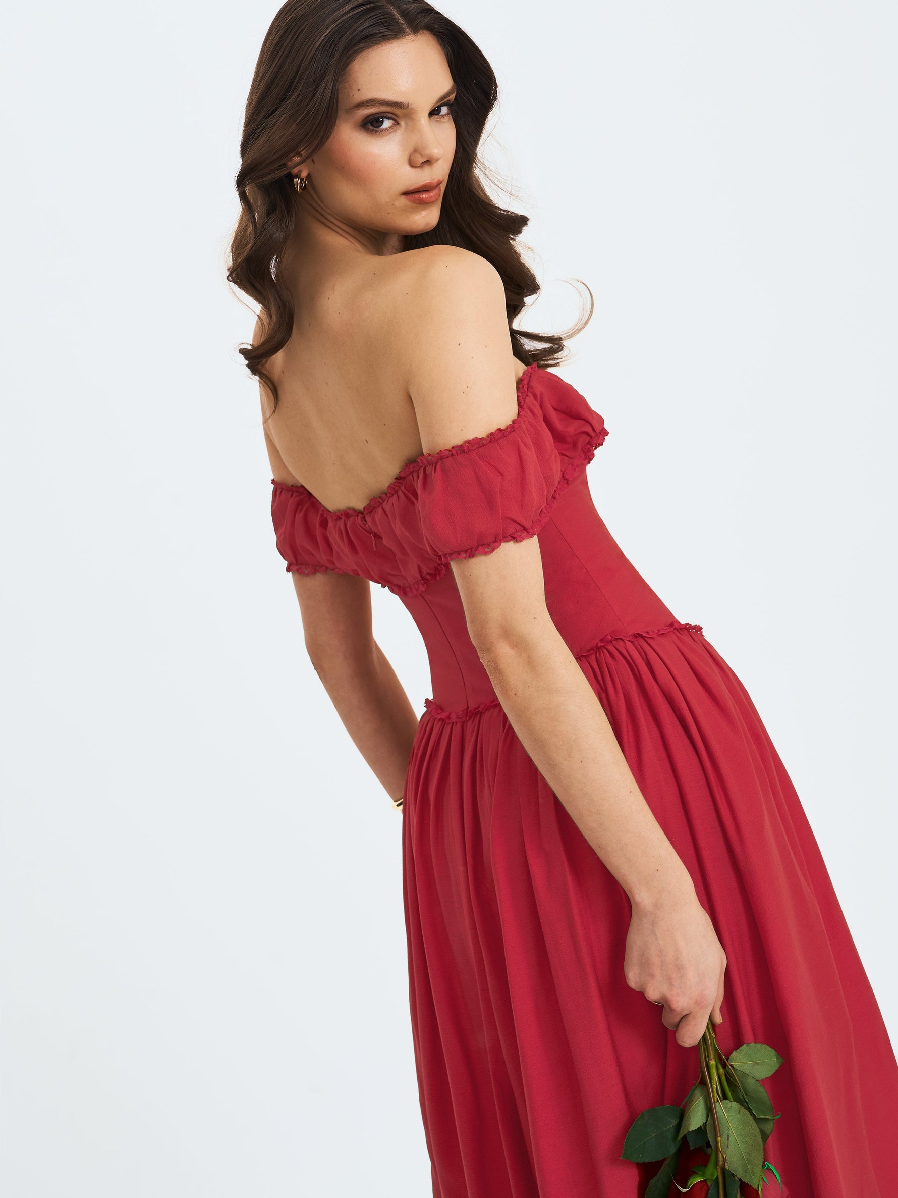 Xavy Crimson Off-Shoulder Corset Midi Dress Miss Circle