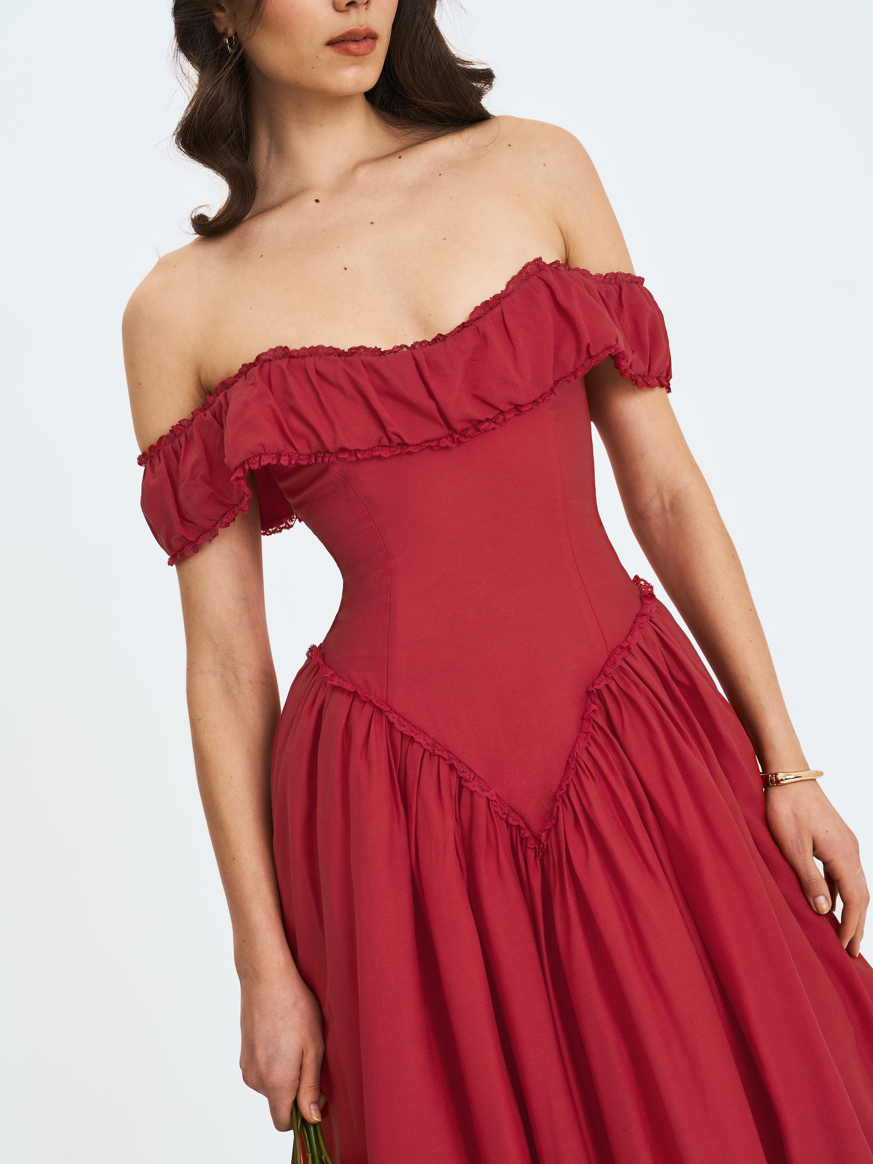 Xavy Crimson Off-Shoulder Corset Midi Dress Miss Circle