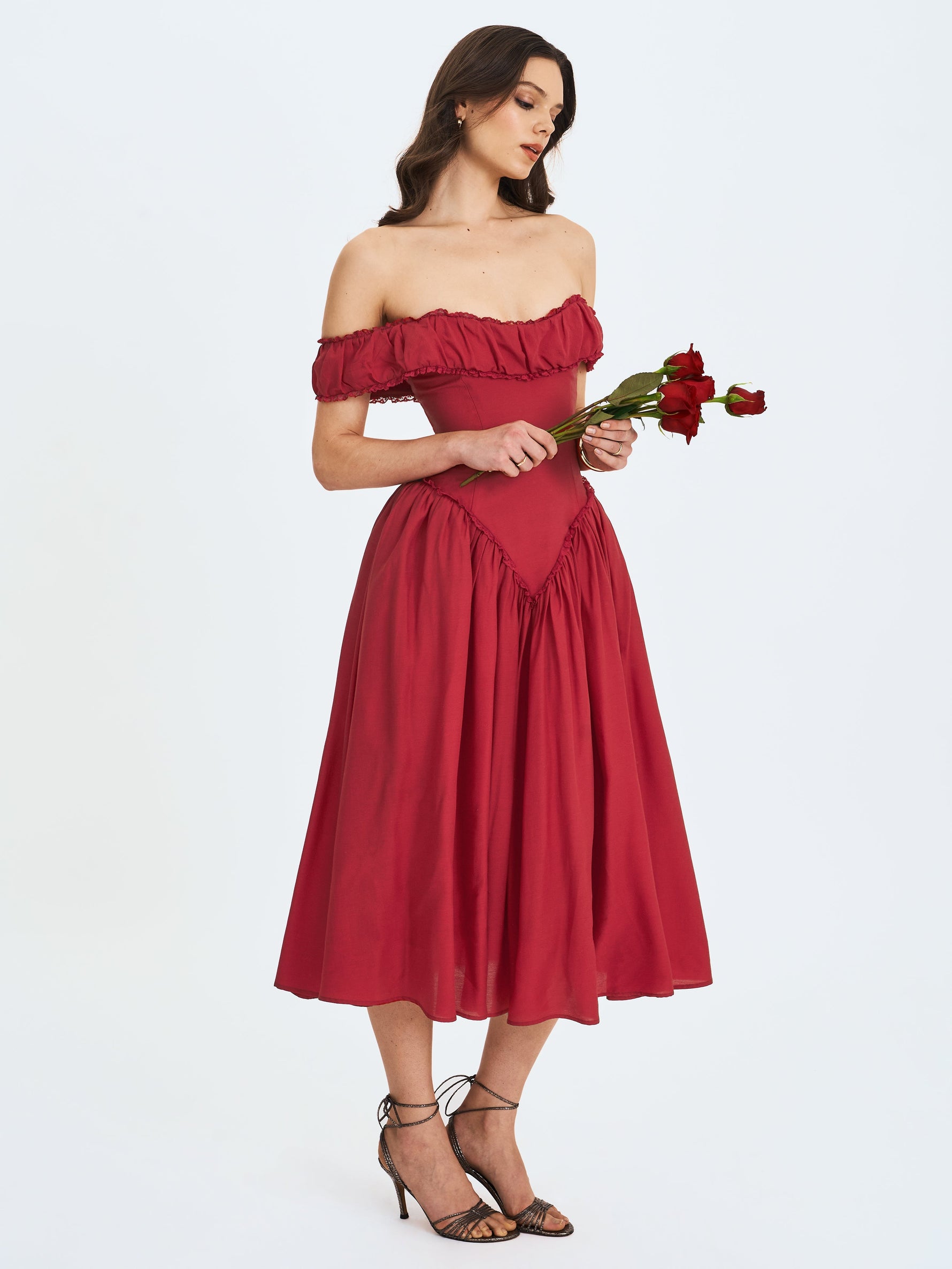 Xavy Crimson Off-Shoulder Corset Midi Dress Miss Circle