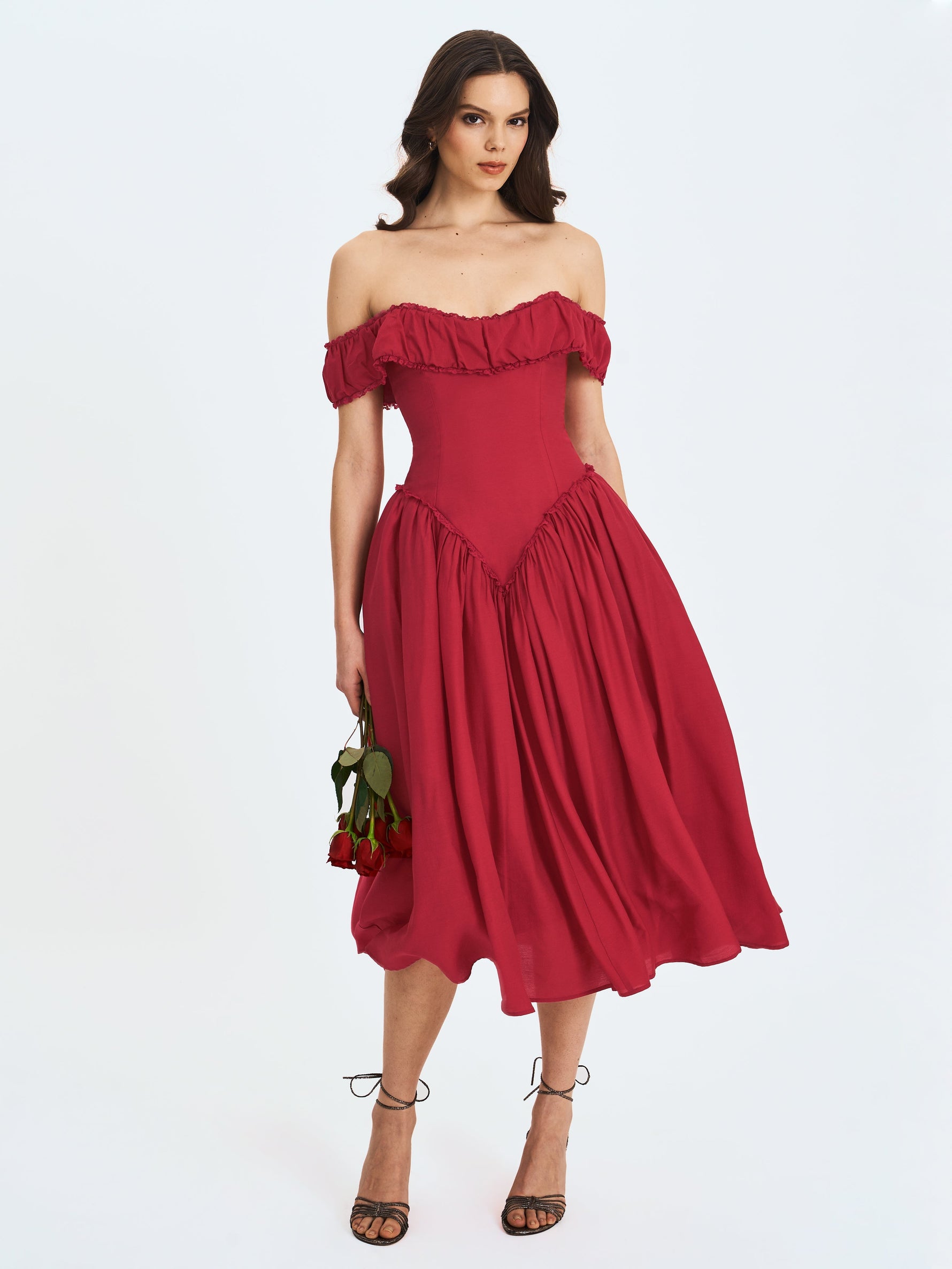 Xavy Crimson Off-Shoulder Corset Midi Dress Miss Circle